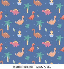 Bright childish seamless pattern with dinosaurs. Cute animals, trees, colorful cartoon vector illustration for kids decor and textiles. 