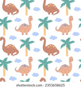 Bright childish seamless pattern with dinosaurs. Cute animals, trees, colorful cartoon vector illustration for kids decor and textiles. 