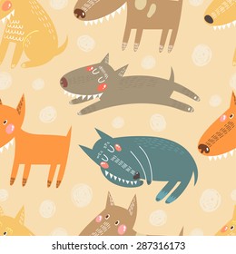 Bright childish seamless pattern with dogs in vector. Seamless pattern can be used for wallpapers, pattern fills, web backgrounds,surface textures. Gentle childish wallpaper