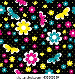 bright childish seamless pattern with flowers,  butterfly and spots  in black background , vector illustration
