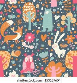 Bright childish seamless pattern with fox, bear, rabbit, owl, snail in trees and flowers. Seamless pattern can be used for wallpapers, pattern fills, web page backgrounds, surface textures.