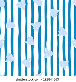Bright childish seamless pattern in nature style with random little iceberg shapes. Striped white nad blue background. Great for fabric design, textile print, wrapping, cover. Vector illustration.