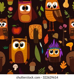 Bright childish seamless pattern with owls in trees and flowers. Seamless pattern can be used for wallpapers, pattern fills, web page backgrounds, surface textures.