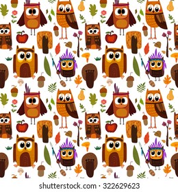 Bright childish seamless pattern with owls in trees and flowers. Seamless pattern can be used for wallpapers, pattern fills, web page backgrounds, surface textures.