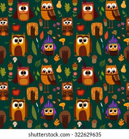 Bright childish seamless pattern with owls in trees and flowers. Seamless pattern can be used for wallpapers, pattern fills, web page backgrounds, surface textures.