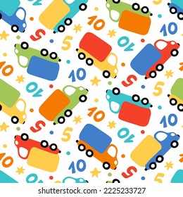 Bright childish trucks for seamless baby pattern. Hand-drawn cars on white background for seamless fabric print of children's wear. Cheerful positive wallpapers for little boys nursery. Cool vehicle.