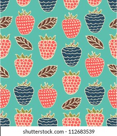 Bright childlike seamless floral pattern with berries. Raspberries and blackberries background can be used for cards, gifts, prints.