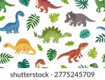 Bright children dinosaurs seamless pattern. Prehistoric background with predatory and herbivorous dinosaurs, tropical exotic plants. Cartoon Triceratops, Tyrannosaurus, Brontosaurus. White background.