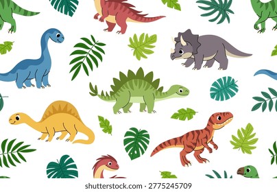 Bright children dinosaurs seamless pattern. Prehistoric background with predatory and herbivorous dinosaurs, tropical exotic plants. Cartoon Triceratops, Tyrannosaurus, Brontosaurus. White background.
