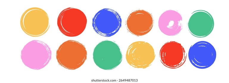 Bright children hand painted circles. Ink brush art round shapes. Vector hand drawn grungy textures set. Colorful ripped paper, distressed circles, grungy logo templates. Messy kids illustration