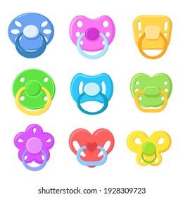 Bright children pacifiers flat pictures set. Cartoon colorful plastic nipple or sucker for little child isolated vector illustrations. Baby accessories and childhood concept