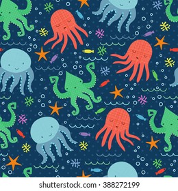 Bright children pattern with octopus. Seamless children pattern on the marine theme