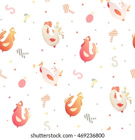Bright children pattern with roosters and letters. Vector pattern for the fabric, books, cover. Seamless pattern with birds for children.