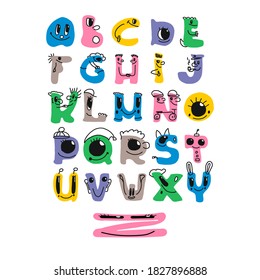 Bright children s Alphabet. Vector set of cartoon colorful alphabet written by hand. Each letter is a separate character.Cute abc design for book cover,poster, postcard,print on baby s clothes,pillow