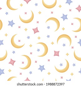 Bright children s color seamless pattern. With a picture of a yellow moon and red blue and yellow stars. A crescent moon with stars. Moon pattern for the print, vector illustration .