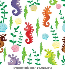 bright children seamless pattern of colorful figures of seahorses in cartoon style and green algae on a white background