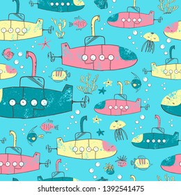 Bright children seamless pattern with the submarines and sea plants and animals. Vector naive illustration