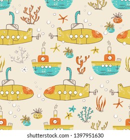 Bright children seamless pattern with the water transport and sea plants and animals. Vector naive illustration