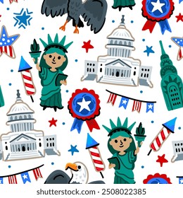 Bright children seamless vector pattern with symbols of the USA. July 4.