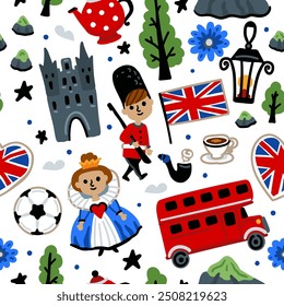 Bright children seamless vector pattern with symbols of Great Britain