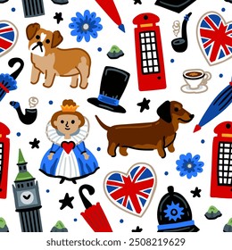 Bright children seamless vector pattern with symbols of Great Britain