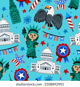 Bright children seamless vector pattern with symbols of the USA. July 4.