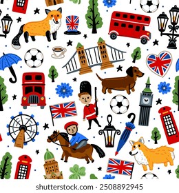 Bright children seamless vector pattern with symbols of Great Britain