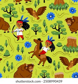 Bright children seamless vector pattern with American native indians