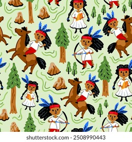 Bright children seamless vector pattern with American native indians