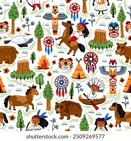 Bright children seamless vector pattern with American native indians