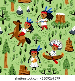 Bright children seamless vector pattern with American native indians