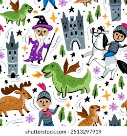 Bright children seamless vector pattern with fairy tale characters. Middle Ages magic legends Kingdom elements. Childish background. Knight, Castle and Wizard and Dragon