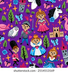 Bright children seamless vector pattern with fairy tale characters. Middle Ages magic legends Kingdom elements. Childish background. Princess, Knight, Castle and unicorn, fairy, Swan and Owl