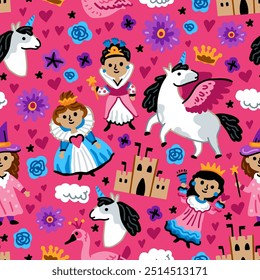 Bright children seamless vector pattern of fairy tale characters. Childish background of little princess cartoon with funny unicorn and castle