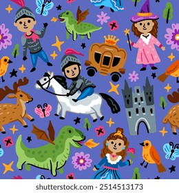 Bright children seamless vector pattern with fairy tale characters. Middle Ages magic legends Kingdom elements. Childish background. Princess, Knight, Castle and fairy, Dragon