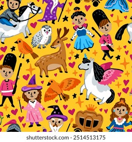 Bright children seamless vector pattern with fairy tale characters. Middle Ages magic legends Kingdom elements. Childish background. Princess, Knight, and unicorn, fairy, Wizard and Dragon