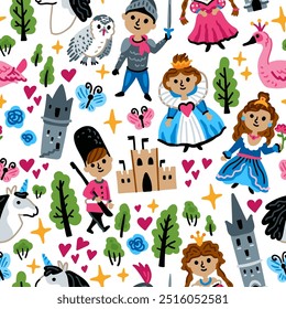 Bright children seamless vector pattern with fairy tale characters. Middle Ages magic legends Kingdom elements. Childish background. Princess, Knight, Castle and unicorn, fairy, Swan and Owl