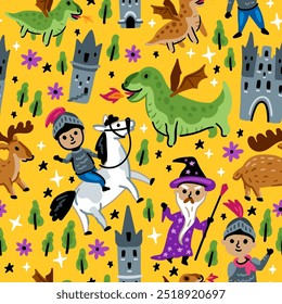 Bright children seamless vector pattern with fairy tale characters. Middle Ages magic legends Kingdom elements. Childish background. Knight, Castle and Wizard and Dragon