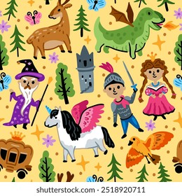 Bright children seamless vector pattern with fairy tale characters. Middle Ages magic legends Kingdom elements. Childish background. Princess, Knight, Castle and unicorn, fairy, Wizard and Dragon