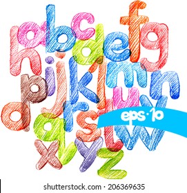 Bright Children's Alphabet. Trace of Sketch Hand Drawing. Vector illustration