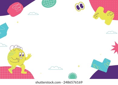 Bright children's background with doodle funny character and different vector elements. A playful collage of different shapes.