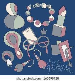 Bright children's cartoon jewelry  set in vector. Cartoon  wallpaper made of jewelry. Seamless pattern can be used for wallpaper, pattern fills,surface textures, web page backgrounds. 