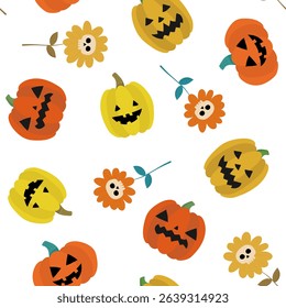 bright children's halloween seamless pattern white background jack o lantern pumpkins skull flowers fun festive wallpaper