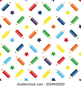 Bright children's pattern with colorful pencils and stars. Template, blank for fabric, cover, wrapping paper, wallpaper, print, etc.