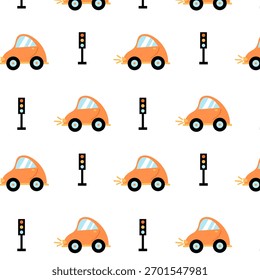 Um padrão infantil brilhante com carros pequenos e semáforos. Adequado para têxteis e quartos infantis.