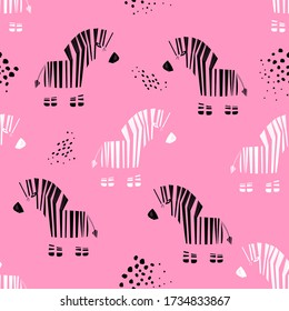 Bright children's pattern with zebras on a pink background for kids. Geometric design in Scandinavian style for baby