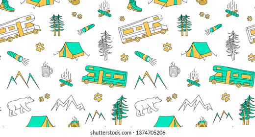 Bright children's print with camping travel items: forest, motorhome, tent, flashlight, fire, Cup of tea,traces of the beast, bear. Seamless vector pattern, yellow blue background