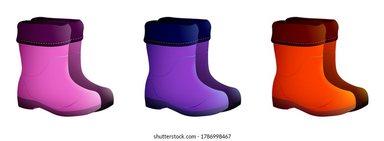 Bright childrens rubber boots. Autumn rainy weather. Boots for children to run in puddles. Good autumn mood. Isolated vector on white background