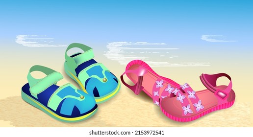 Bright Children's Sandals On A Sandy Beach