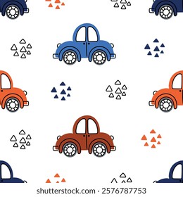 Bright children's seamless pattern with colored cars on a white background with geometric shapes. Ideal for wrapping paper, textiles. Vector illustration.